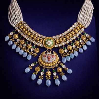 Divine Jewellery Silver Gold Plated Pearl Bridal Temple Necklace with Kundan, Green Accents & Blue Stone Drops
