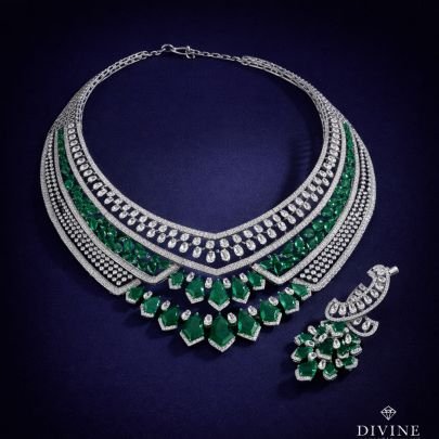 Divine Jewellery Silver Luxury Emerald Green Statement Necklace Set with Diamond-Style Layered Detailing