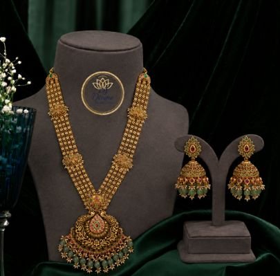 Divine Jewellery Traditional Antique Long Haram Necklace Set with Green Beads and Jhumka Earrings