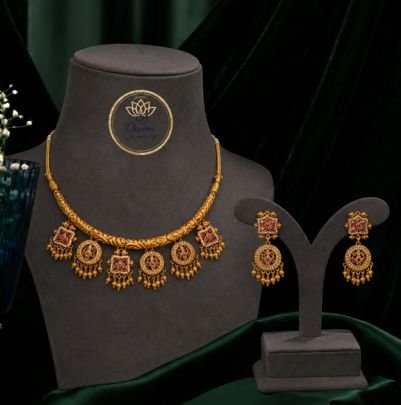 Divine Jewellery Traditional Antique Gold Pendant Necklace Set with Ruby Stone Accents & Matching Earrings | 92.5 Silver Gold Plated Ethnic Jewellery