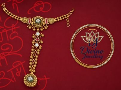 Divine Jewellery Traditional Borla Maang Tikka with Long Latkan Chain | Gold Plated 92.5 Silver Bridal Forehead Jewellery