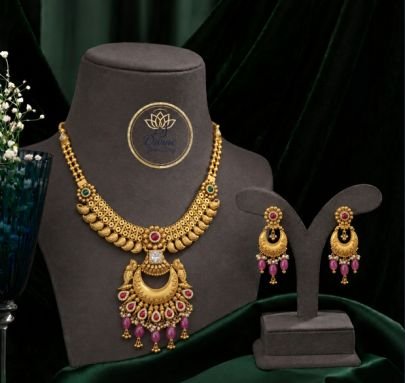 Divine Jewellery Traditional Chandbali Pendant Necklace Set with Earrings for Women | 92.5 Silver Gold Plated Ethnic Jewellery