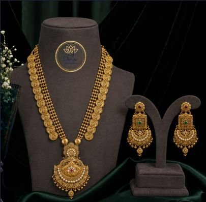 Divine Jewellery Traditional Coin Haram Necklace Set with Pearl Pendant and Designer Earrings