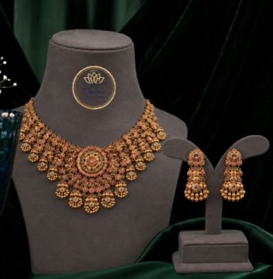 Divine Jewellery Traditional Floral Necklace Set for Women with Earrings | Gold Plated Stone Studded Ethnic Jewellery Set | Bridal Wedding Festival Pa