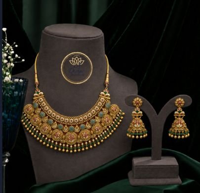 Divine Jewellery Traditional Gold Plated 92.5 Silver Choker Necklace Set with Jhumka Earrings