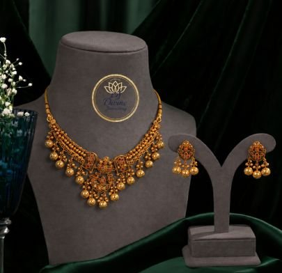 Divine Jewellery Traditional Gold Plated Temple Necklace Set with Earrings for Women | 92.5 Silver Ethnic Jewellery