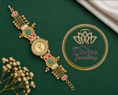 Divine Jewellery Traditional Gold Plated Designer Watch Bracelet with Hanging Beads