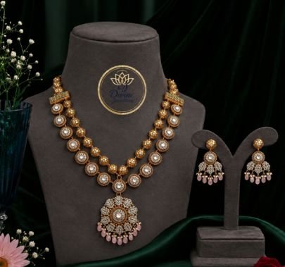 Divine Jewellery Traditional Gold Plated Silver Necklace Set with Statement Pendant | Antique CZ Designer Bridal Necklace with Matching Earrings