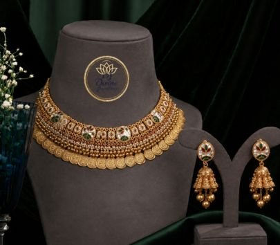 Divine Jewellery Traditional Gold Plated 92.5 Silver Coin Choker Necklace Set with Jhumka Earrings