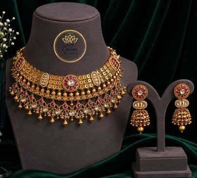 Divine Jewellery Traditional Gold Plated Silver Choker Necklace Set with Jhumka Earrings | Kundan Pink Stone Bridal Jewellery for Women