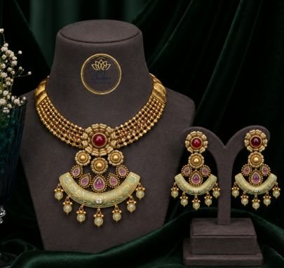 Divine Jewellery Traditional Gold Plated 92.5 Silver Temple Necklace Set with Earrings | Designer Bridal Ethnic Choker Set for Women