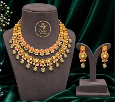 Divine Jewellery Traditional Gold Plated Silver Bridal Necklace Set with Pink Stone & Green Beads | 92.5 Silver Designer Choker Set with Earrings