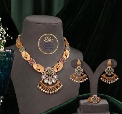 Divine Jewellery Traditional Kundan Floral Necklace Set with Earrings & Ring – Gold Plated Silver Bridal Collection