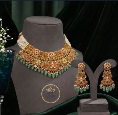 Divine Jewellery Traditional Kundan Choker Necklace Set with Green Beads | Gold Plated Bridal Jewellery for Women | Divine Jewellery
