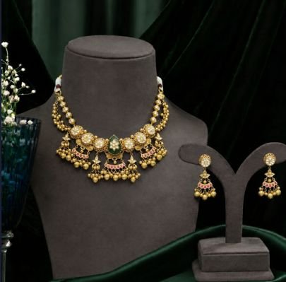 Divine Jewellery Traditional Kundan Choker Necklace Set with Pearl Drops & Matching Jhumki Earrings – Gold Plated Silver Jewellery