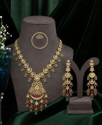 Divine Jewellery Traditional Kundan Bridal Necklace Set for Women | Gold Plated Silver Jewellery with Pearl Drops & Multicolor Stones