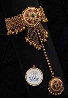 Divine Jewellery Traditional Kundan Pearl Chain Hathphool Bracelet for Women | 92.5 Silver Gold Plated Ethnic Hand Ornament