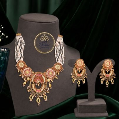 Divine Jewellery Traditional Kundan Pearl Choker Necklace Set with Matching Earrings | Gold Plated Silver Bridal Wedding Jewellery Set for Women
