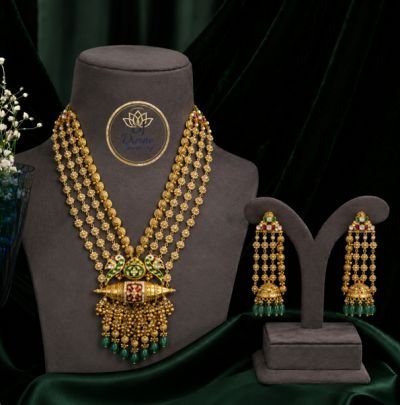 Divine Jewellery Traditional Multi Layer Gold Bead Haram Set with Green Drops and Long Earrings