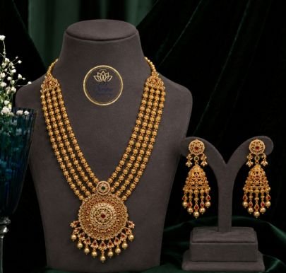 Divine Jewellery Traditional Multi Layer Long Necklace Set for Women | 92.5 Silver Gold Plated Bridal Haar with Jhumka Earrings