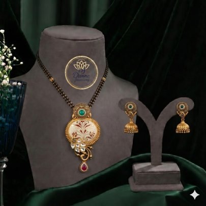 Divine Jewellery Traditional Mangalsutra Necklace Set for Women, Gold Tone Pendant with Matching Jhumka Earrings, Ethnic Bridal Wedding Jewelry Set