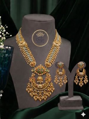 Divine Jewellery Traditional Peacock Temple Necklace Set with Mint Beads & Chandbali Earrings for Women