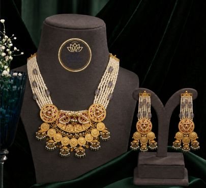 Divine Jewellery Traditional Pearl Layered Antique Necklace Set with Jhumka Earrings