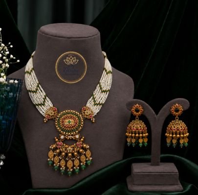 Divine Jewellery Traditional Pearl Choker Necklace Set with Green Beads and Designer Jhumka Earrings