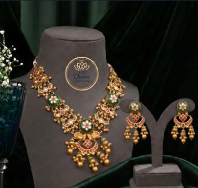Divine Jewellery Traditional Peacock Temple Necklace Set for Women | 92.5 Silver Gold Plated Green Pink Bridal Jewellery