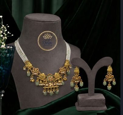 Divine Jewellery Traditional Pearl Mala Temple Necklace Set with Green Bead Drops – Gold Plated Silver Jewellery