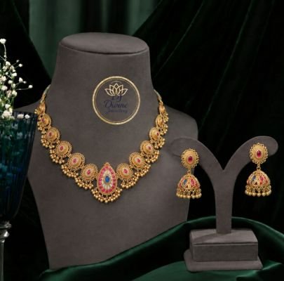 Divine Jewellery Traditional Pink Stone Necklace Set for Women | Gold Plated Silver Bridal Choker with Jhumka Earrings