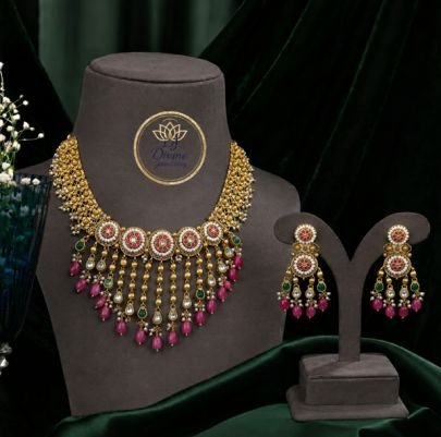 Divine Jewellery Traditional Ruby Drop Gold Plated Silver Necklace Set with Earrings