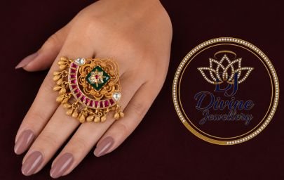 Divine Jewellery Traditional Statement Finger Ring with Ruby & Green Stones | 92.5 Silver Gold Plated Bridal Cocktail Ring