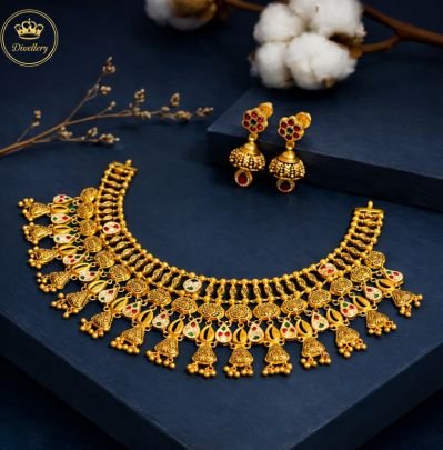 Divine Jewellery Traditional Temple Lakshmi Coin Bridal Necklace Set with Jhumka Earrings