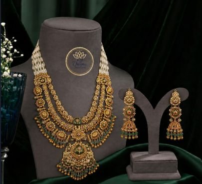 Divine Jewellery Traditional Temple Design Bridal Long Necklace Set with Matching Jhumka Earrings for Women | Gold Plated Silver Jewellery | Green & R