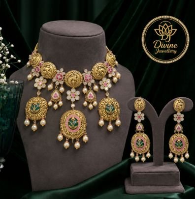 Divine Jewellery Traditional Temple Choker Necklace Set for Women | Gold Plated Silver Bridal Jewellery with Pearls & Pink Stones