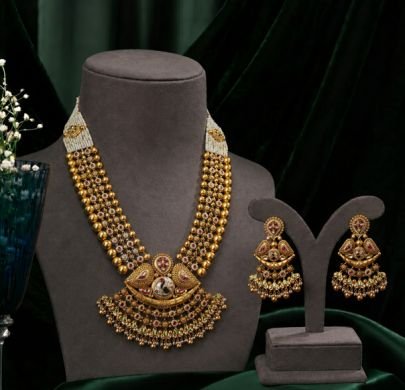 Divine Jewellery Traditional Temple Design Bridal Necklace Set with Jhumka Earrings for Women | Antique Gold Plated Silver Jewellery Set