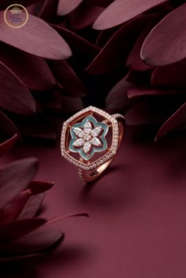 Divine Jewellery Turquoise Enamel Floral Crystal Hexagon Designer Ring