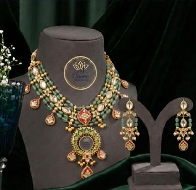 Divine JewelleryAntique Gold Green Bead Multi-Layer Haram Necklace Set with Kundan Medallion