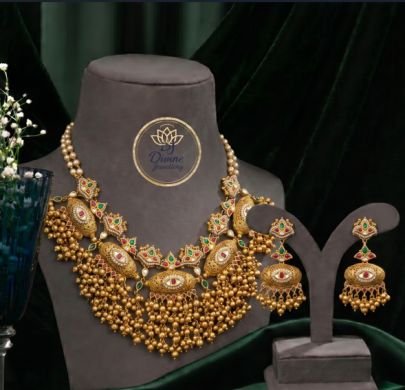 Divine JewelleryAntique Peacock Beaded Necklace Set for Women | Traditional Gold Plated Bridal Jewellery with Earrings | Divine Jewellery