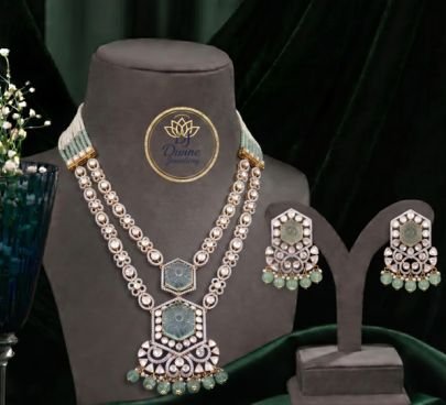 Divine JewelleryElegant Mint Green Dual Layer Necklace Set for Women | 92.5 Silver Oxidised Designer Jewellery