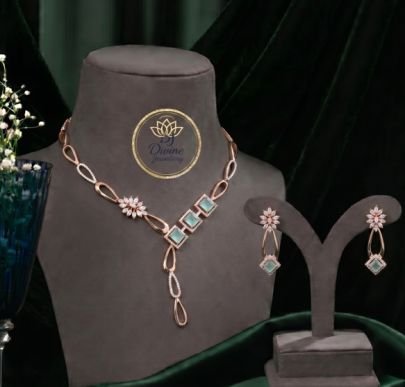 Divine JewelleryElegant Rose Gold Contemporary Necklace Set for Women | Silver Designer Jewellery with Earrings