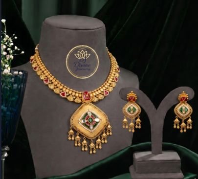 Divine JewelleryExquisite Matte Gold Antique Necklace Set with Kundan & Meenakari Work