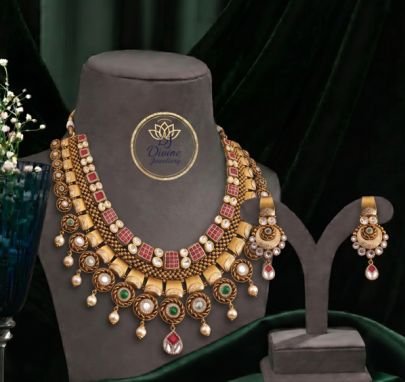 Divine JewelleryGrand Traditional Temple Necklace Set for Women | 92.5 Silver Gold Plated Bridal Jewellery