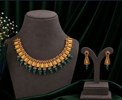 Divine JewelleryModern Antique Gold Plated Choker Necklace Set for Women | Geometric Designer Ethnic Jewellery with Green Drops & Matching Earrings