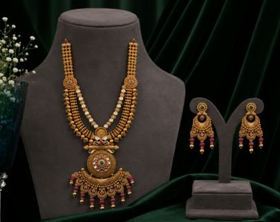 Divine JewelleryRoyal Antique Gold Plated Long Necklace Set for Women | Traditional Ethnic Pendant Jewellery with Matching Earrings | Bridal & Festive
