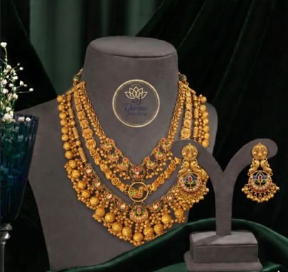 Divine JewelleryTraditional Antique Gold Plated Temple Jewellery Set for Women | Premium Bridal Necklace Set with Earrings | Divine Jewellery