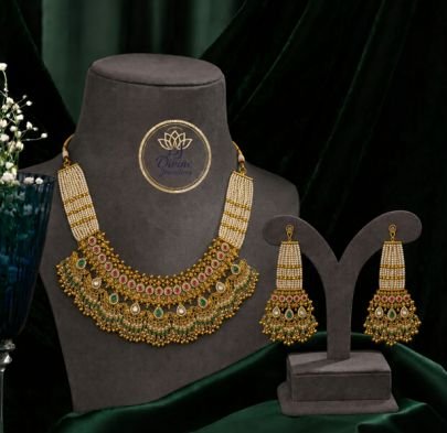 Divine JewelleryTraditional Pearl Choker Necklace Set for Women | Antique Gold Plated Bridal Jewellery with Earrings | Divine Jewellery