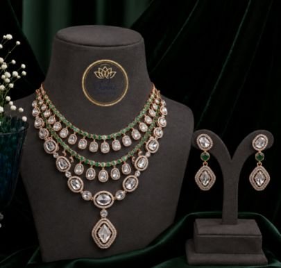 Divine Kundan Polki Bridal Necklace Set with Green Beads, Statement Wedding Jewelry Set with Matching Earrings for Women
