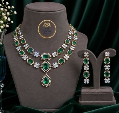 Divine Luxury Emerald Green Gold-Plated 92.5 Silver American Diamond Necklace Set